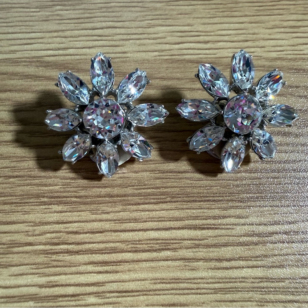 Silver Tone and Clear Rhinestone Flower Clip On Earrings